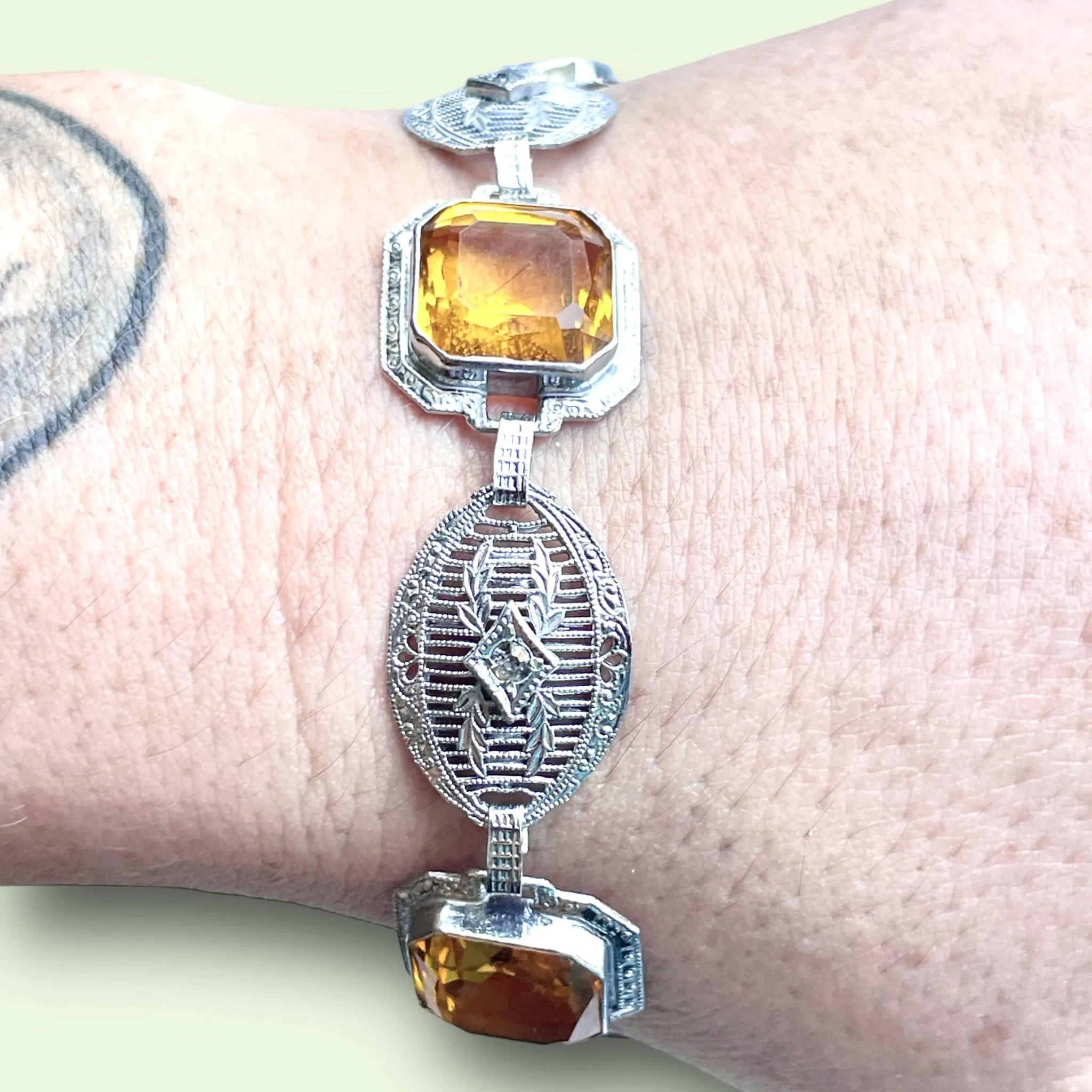 Art Deco Citrine Art Glass Silver Filigree Link Bracelet