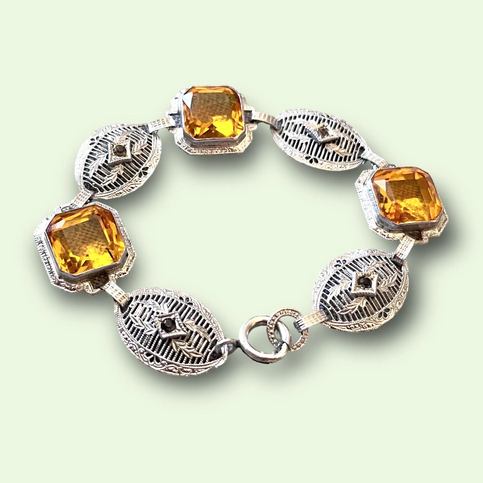 Art Deco Citrine Art Glass Silver Filigree Link Bracelet