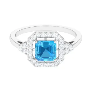 Asscher Cut Swiss Blue Topaz Engagement Ring with Diamond Halo