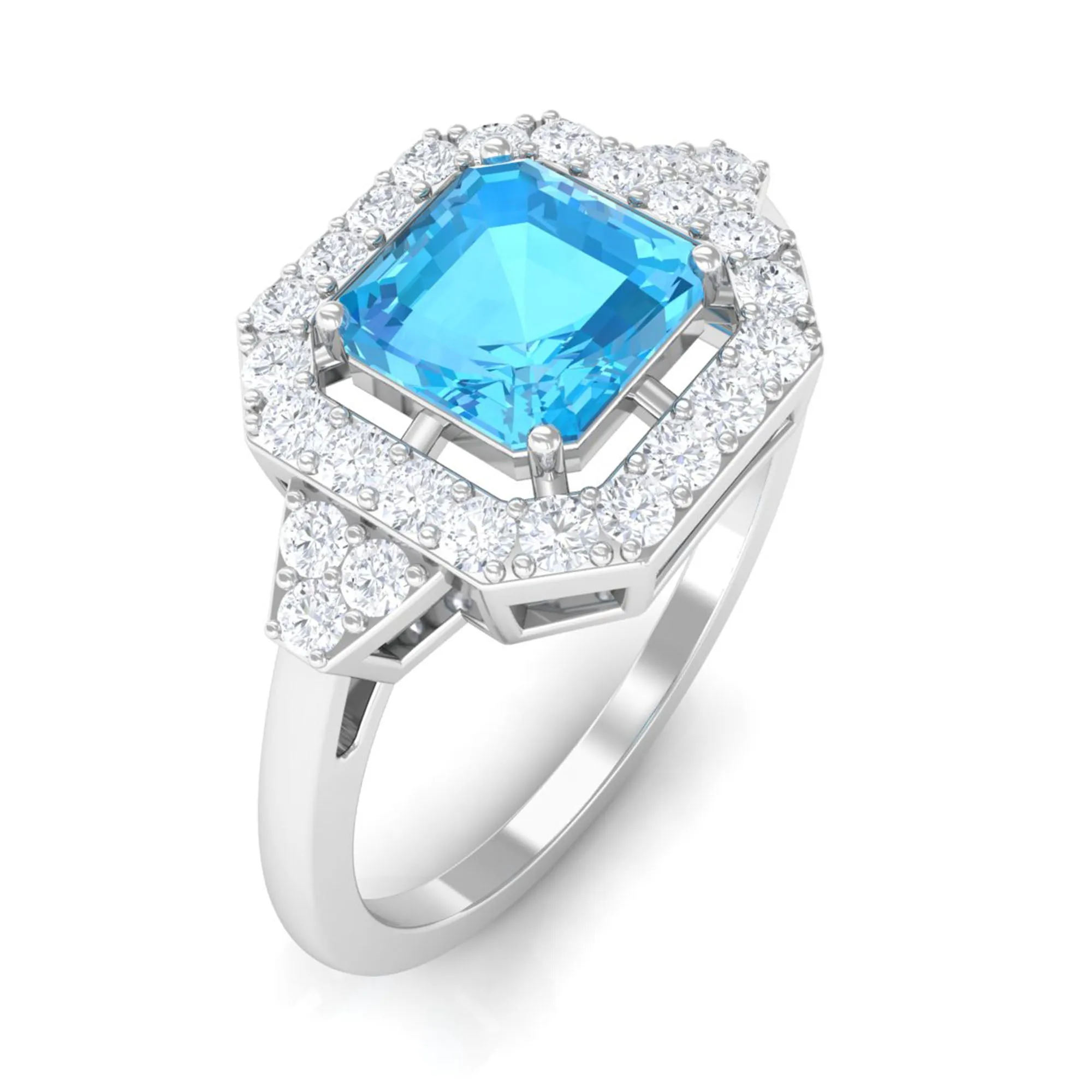 Asscher Cut Swiss Blue Topaz Engagement Ring with Diamond Halo