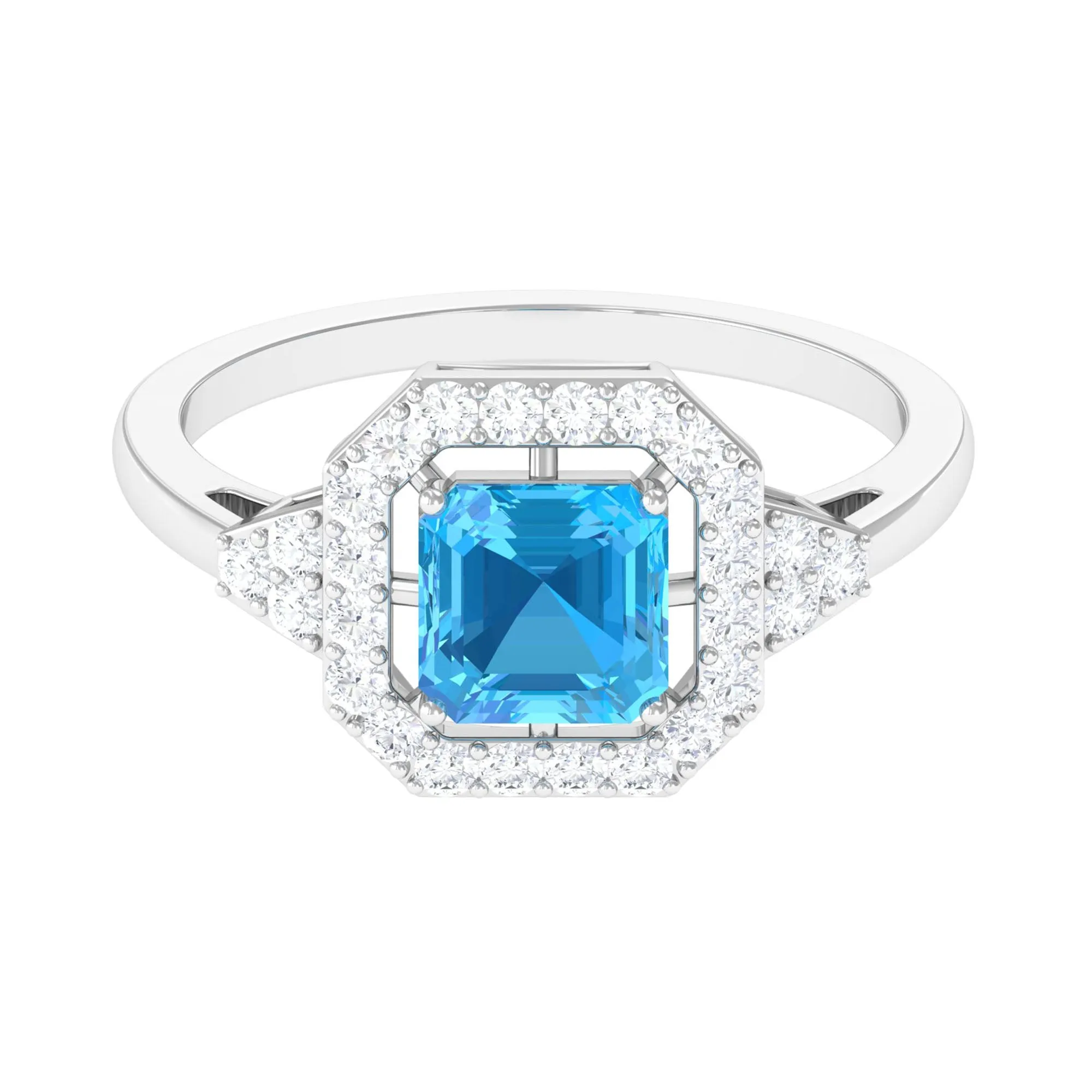 Asscher Cut Swiss Blue Topaz Engagement Ring with Diamond Halo
