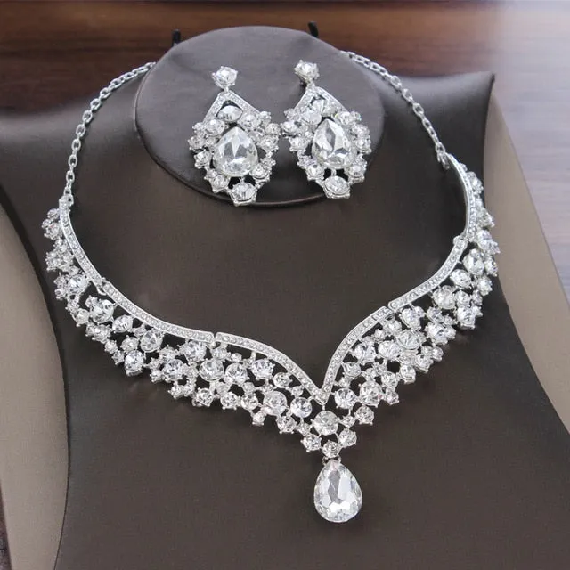 Baroque Crystal Water Drop Bridal Rhinestone Jewelry Set Tiara-Crown Necklace-Earrings for Bride-Wedding Jewelry Set
