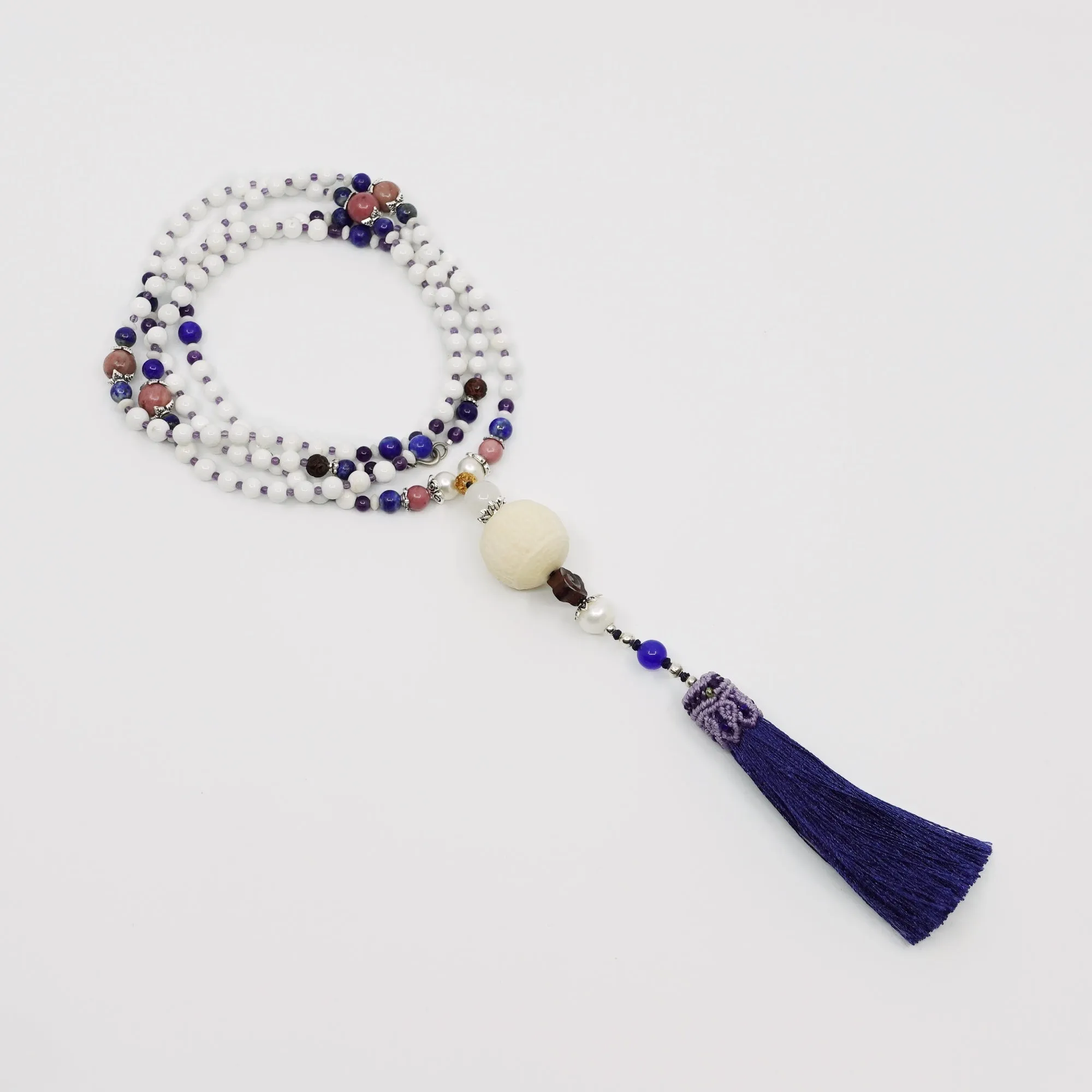 Beaded Tridacna and Amethyst Necklace with Blue Silk Tassel