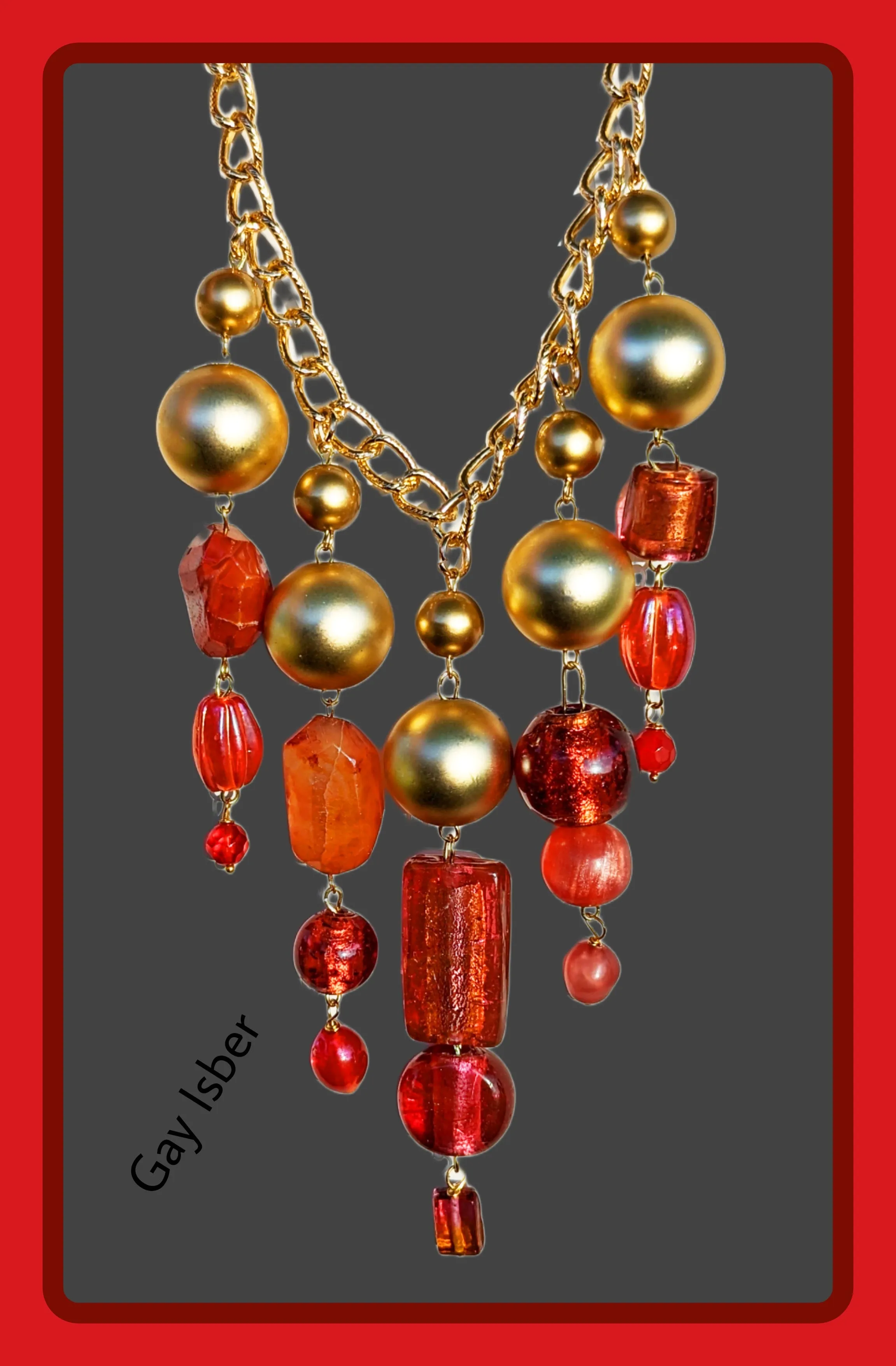 Beautiful Pinks Coral Orange   Gold beads Statement Art Necklace Gay Isber USA 1 of 1