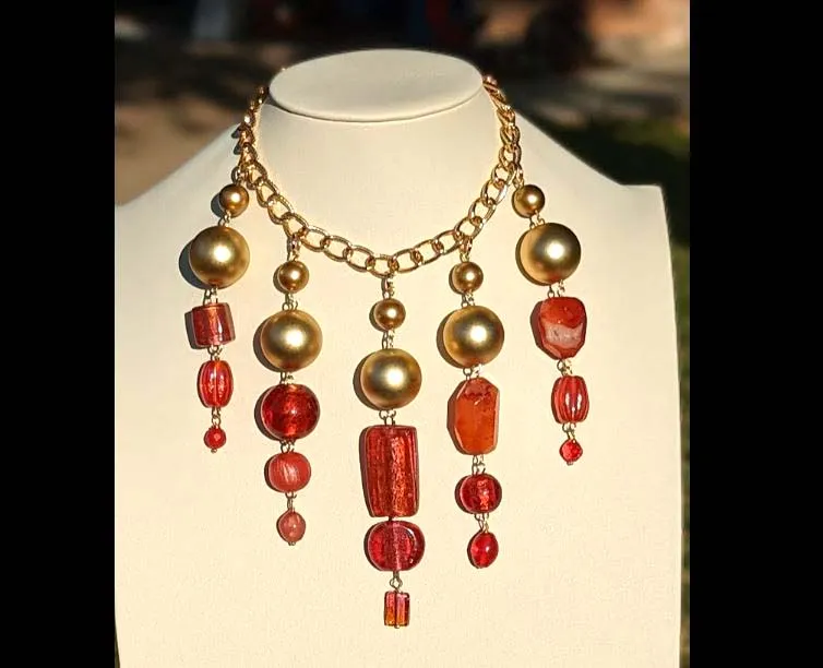 Beautiful Pinks Coral Orange   Gold beads Statement Art Necklace Gay Isber USA 1 of 1