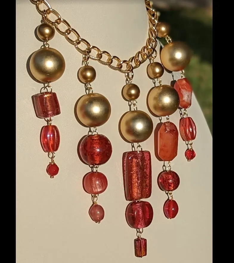 Beautiful Pinks Coral Orange   Gold beads Statement Art Necklace Gay Isber USA 1 of 1