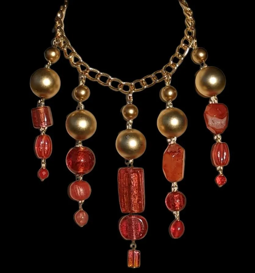 Beautiful Pinks Coral Orange   Gold beads Statement Art Necklace Gay Isber USA 1 of 1