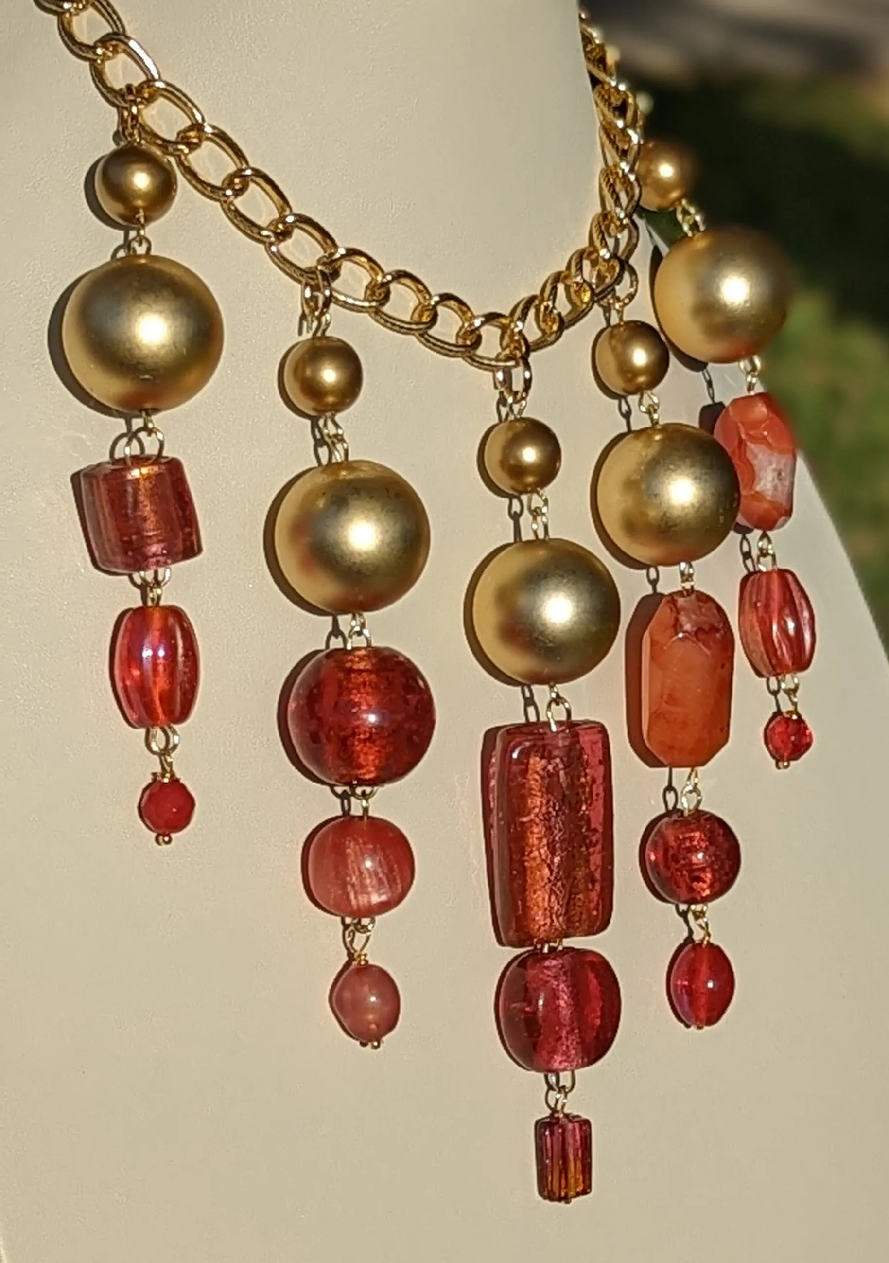 Beautiful Pinks Coral Orange   Gold beads Statement Art Necklace Gay Isber USA 1 of 1
