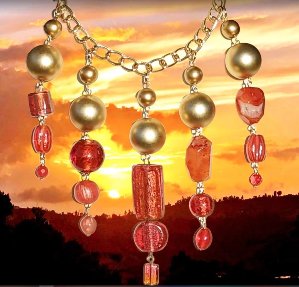 Beautiful Pinks Coral Orange   Gold beads Statement Art Necklace Gay Isber USA 1 of 1
