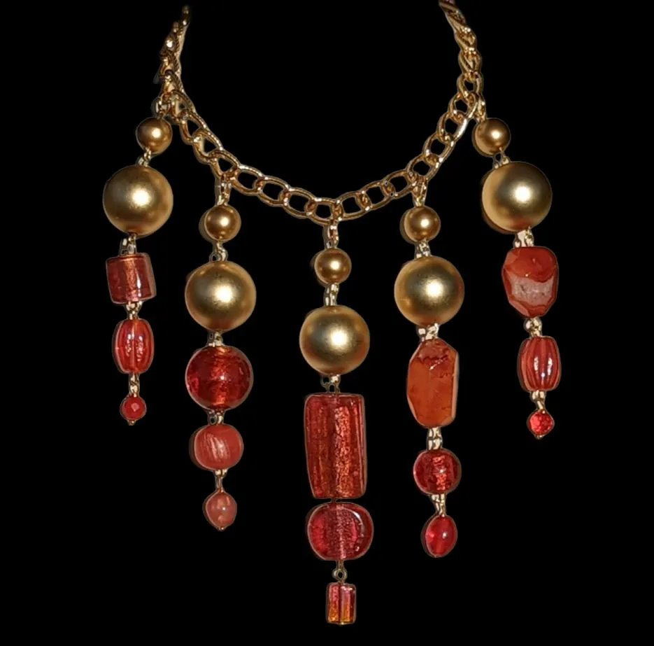 Beautiful Pinks Coral Orange   Gold beads Statement Art Necklace Gay Isber USA 1 of 1