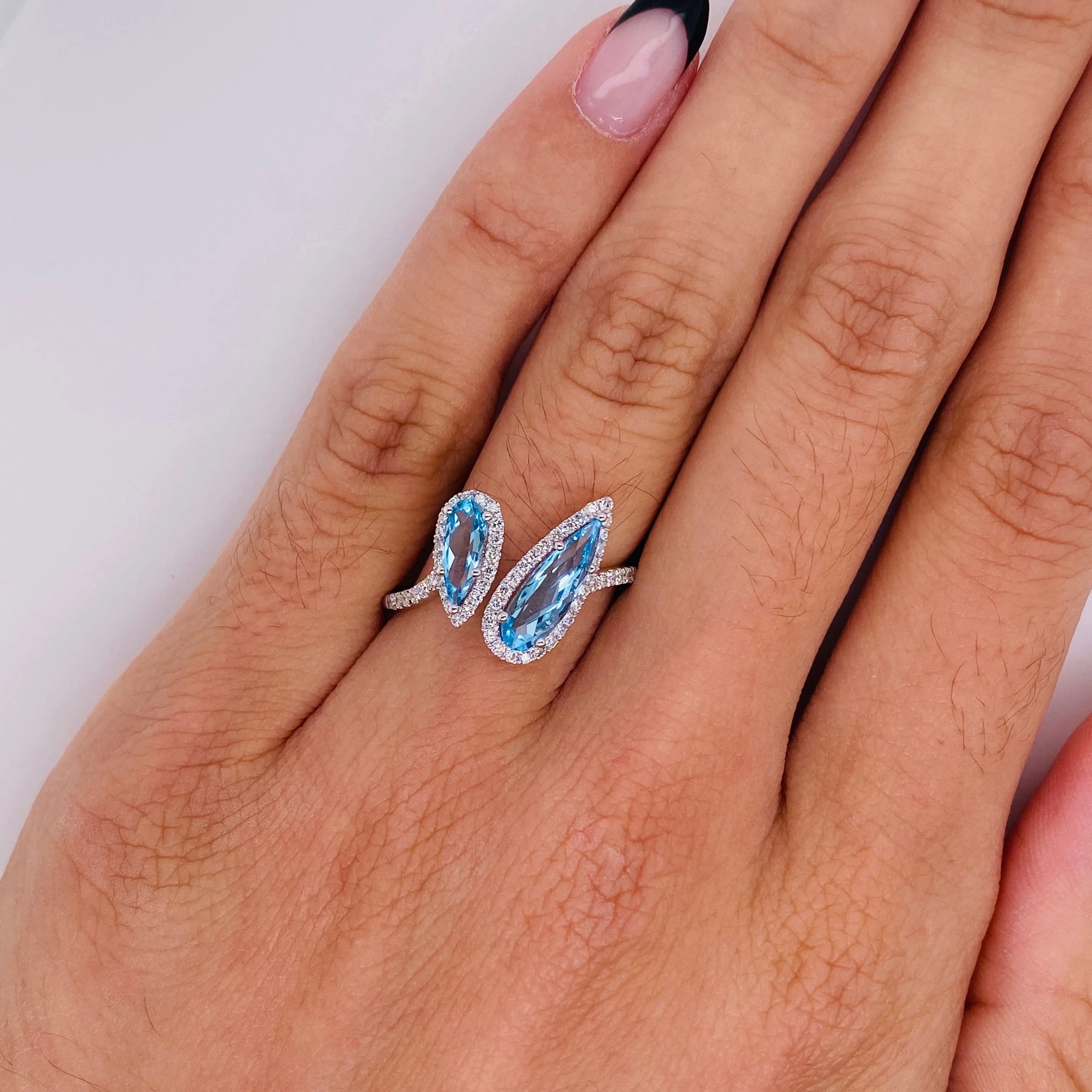 Blue Topaz Diamond Halo Bypass Ring