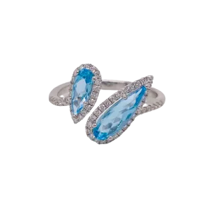 Blue Topaz Diamond Halo Bypass Ring
