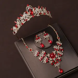 Bridal Crown Tiara Red Diamond Attractive Wedding Jewelry Three-piece Ceremony Birthday Gift Crown