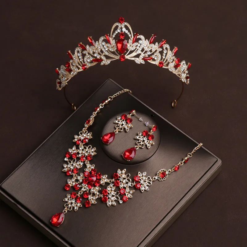 Bridal Crown Tiara Red Diamond Attractive Wedding Jewelry Three-piece Ceremony Birthday Gift Crown
