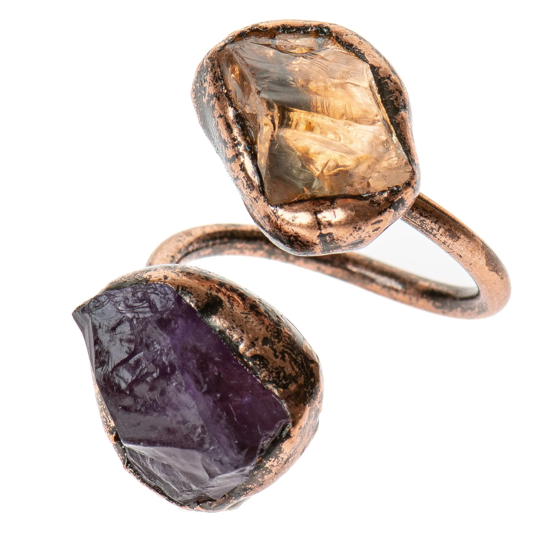 Citrine and Amethyst Brass Wrap Ring