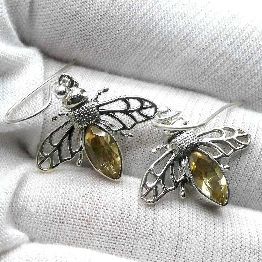 Citrine Bee Earrings, 925 Sterling Silver