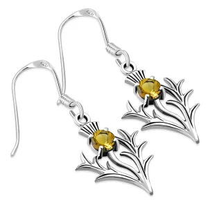 Citrine Scottish Thistle Sterling Silver Dangle Drop Hook Earrings