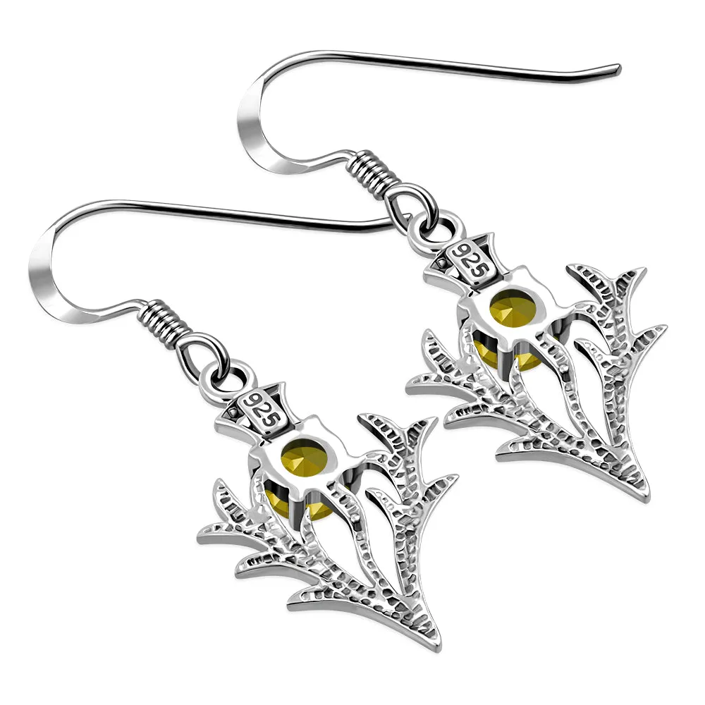 Citrine Scottish Thistle Sterling Silver Dangle Drop Hook Earrings
