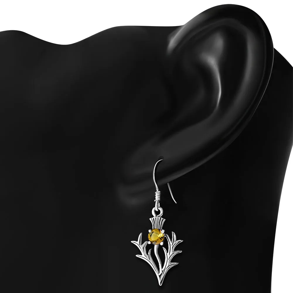 Citrine Scottish Thistle Sterling Silver Dangle Drop Hook Earrings