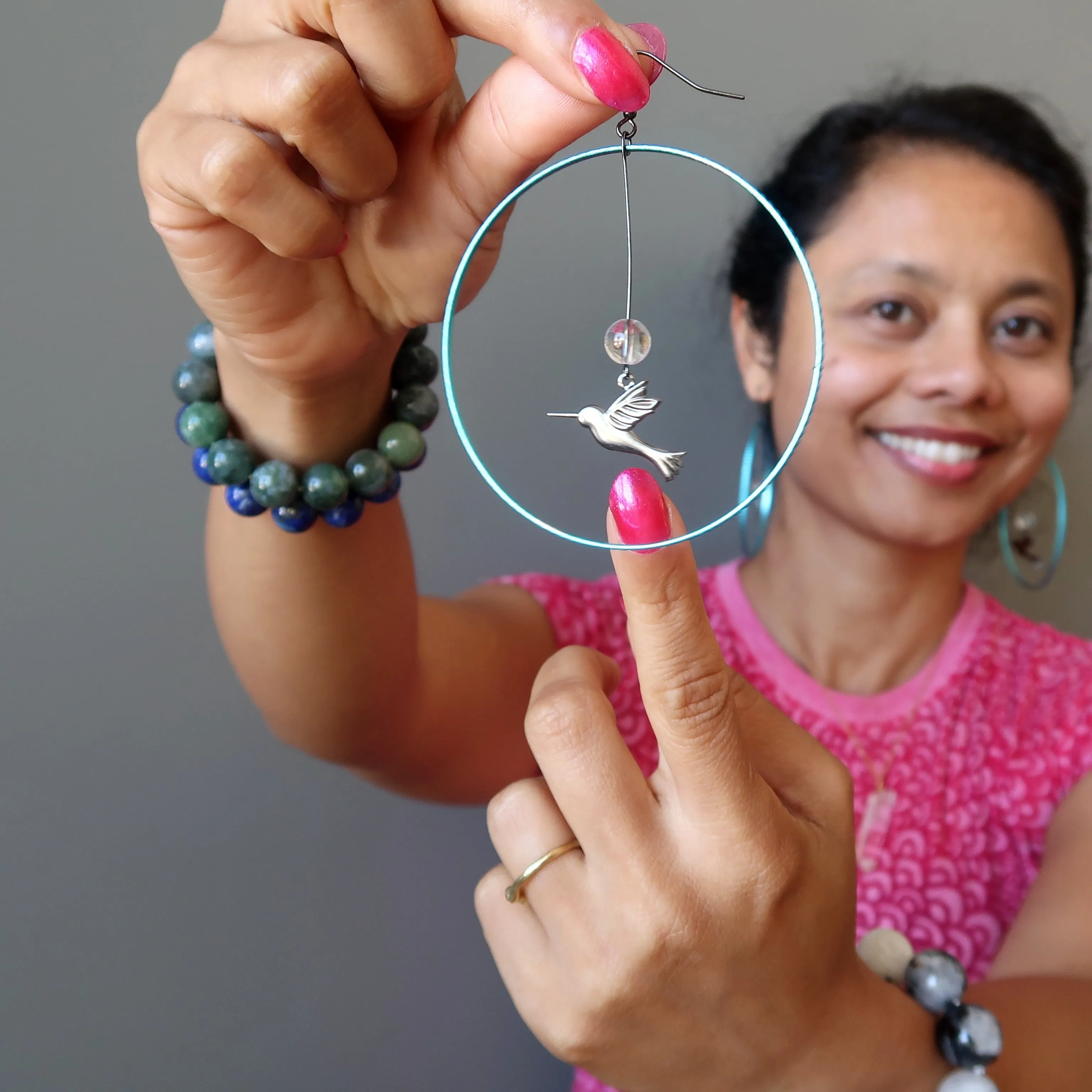 Clear Quartz Earrings Hummingbird Free Living Big Blue Hoops