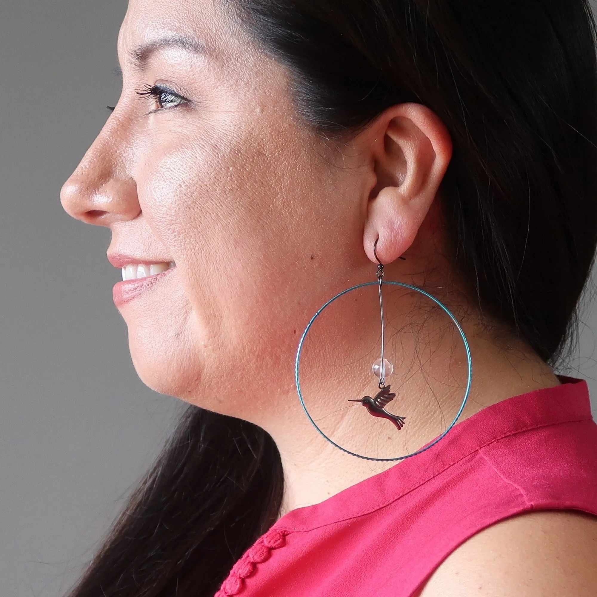 Clear Quartz Earrings Hummingbird Free Living Big Blue Hoops