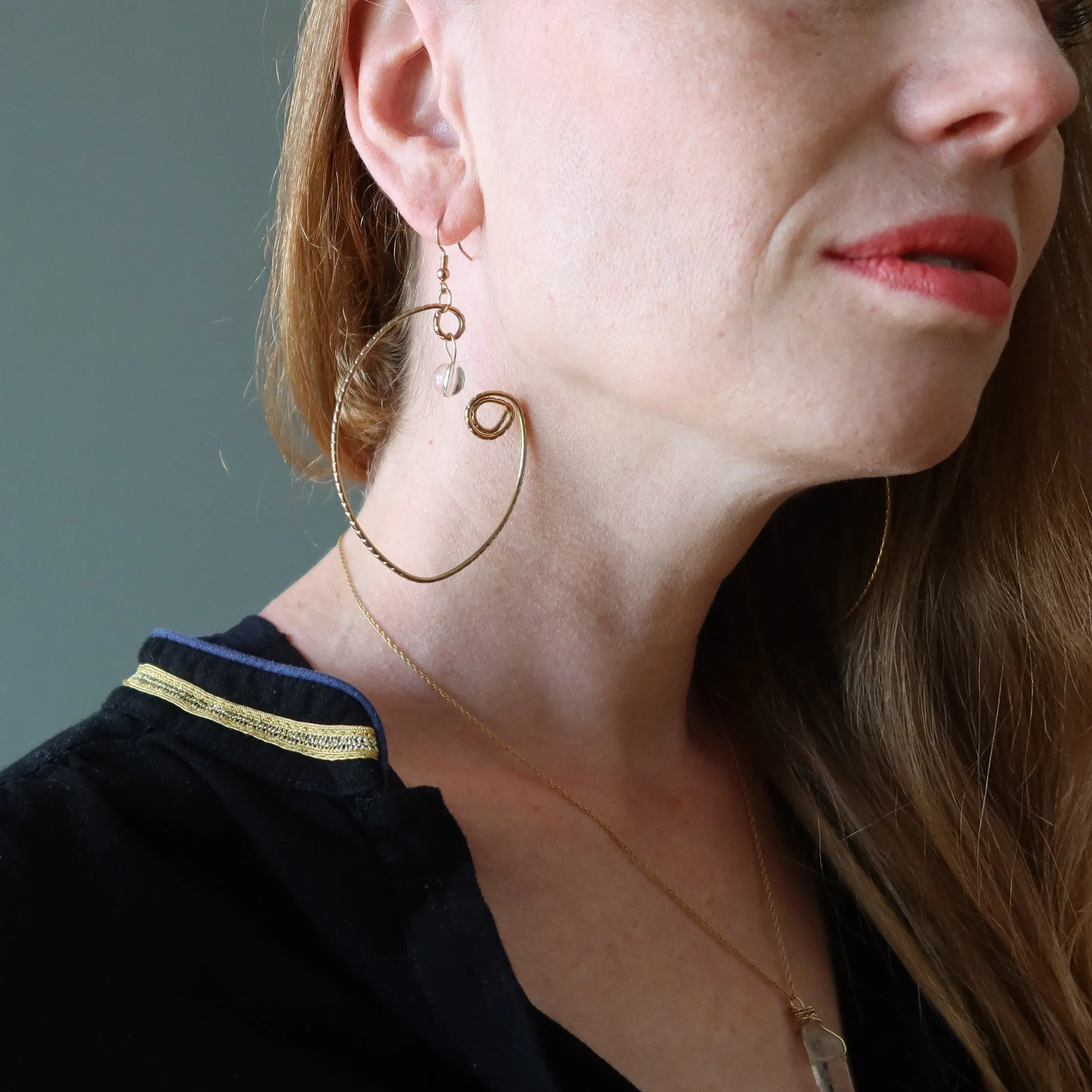 Clear Quartz Earrings Wrap of Royalty Curved Gold Hoop