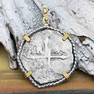 Concepcion Shipwreck 4 Reale Silver Piece of 8 14K Gold and Sterling Silver Pendant | Artifact #6548