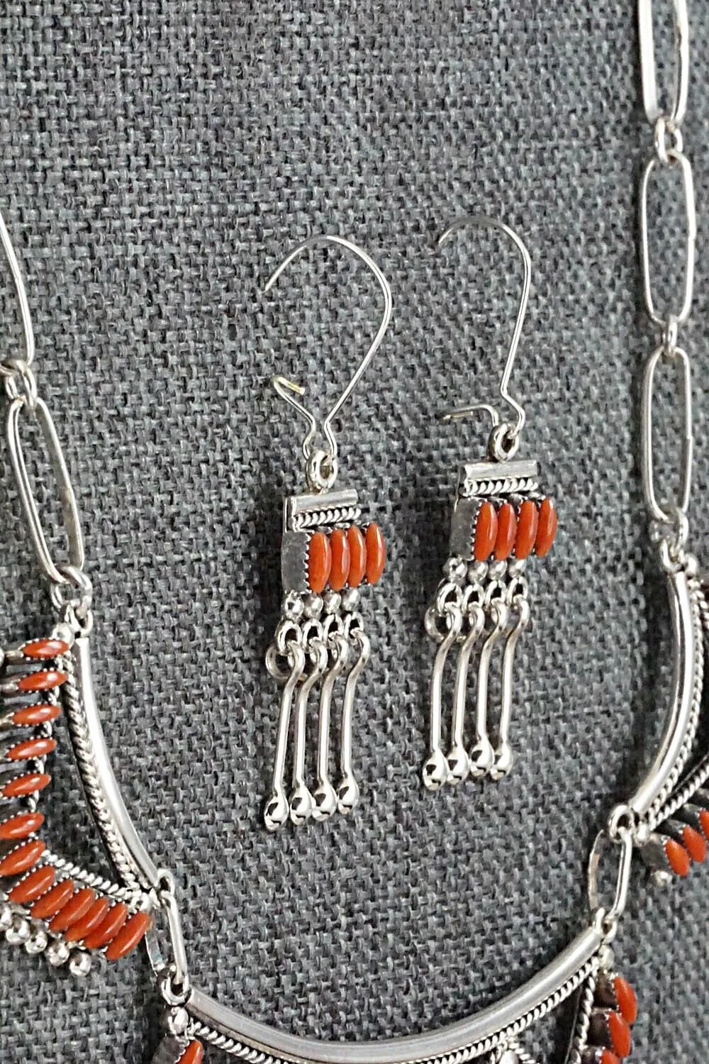 Coral & Sterling Silver Necklace and Earrings Set - Stewart Nakatewa