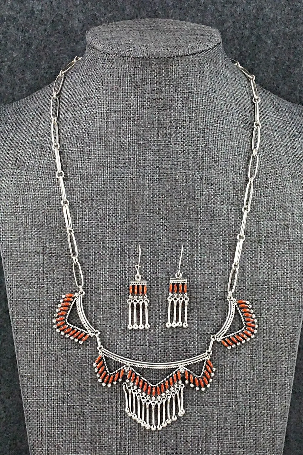 Coral & Sterling Silver Necklace and Earrings Set - Stewart Nakatewa