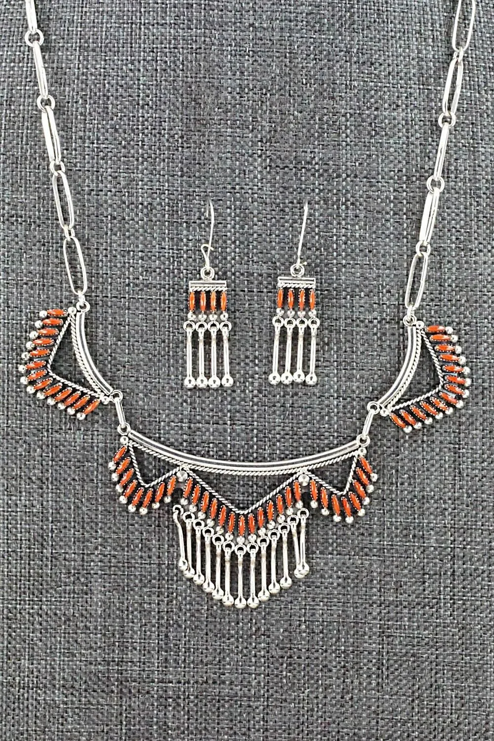 Coral & Sterling Silver Necklace and Earrings Set - Stewart Nakatewa