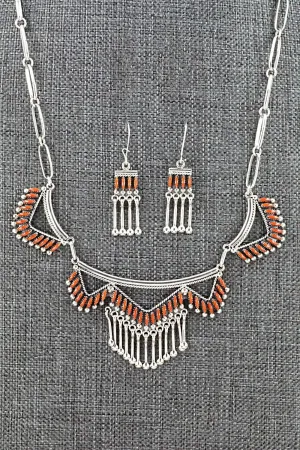 Coral & Sterling Silver Necklace and Earrings Set - Stewart Nakatewa