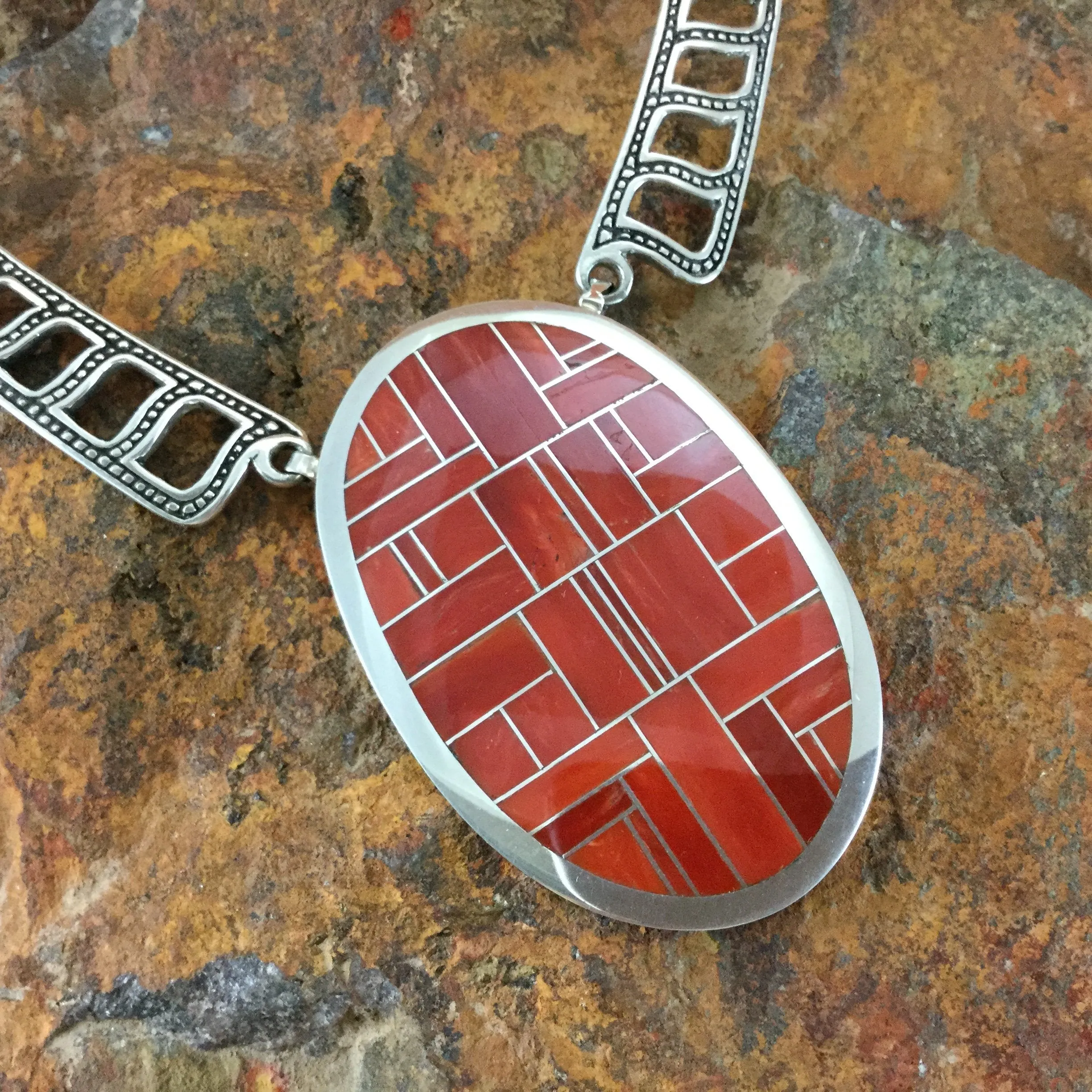 David Rosales Red Coral Inlaid Sterling Silver Earrings