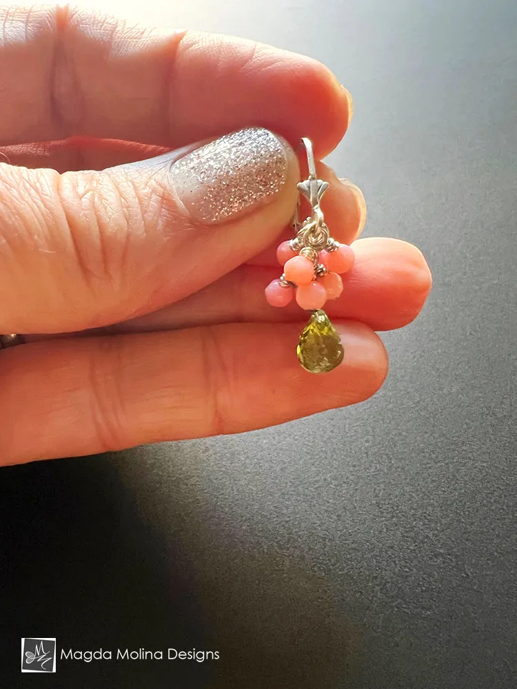 Elegant And Colorful Coral & Peridot Earrings