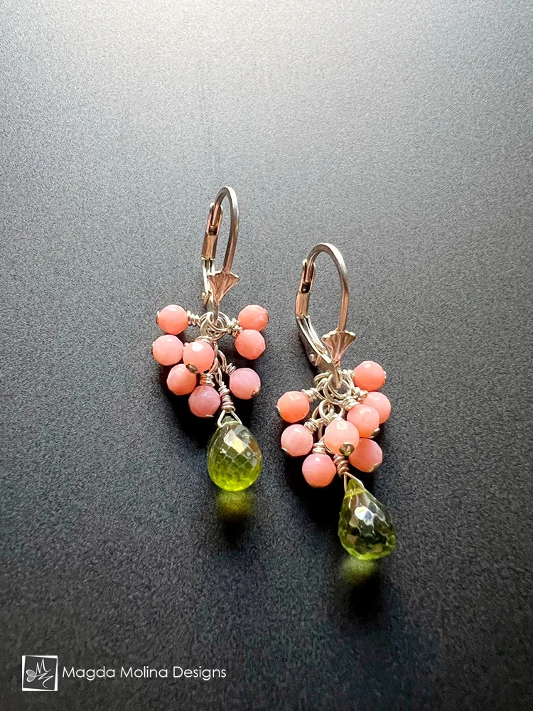 Elegant And Colorful Coral & Peridot Earrings