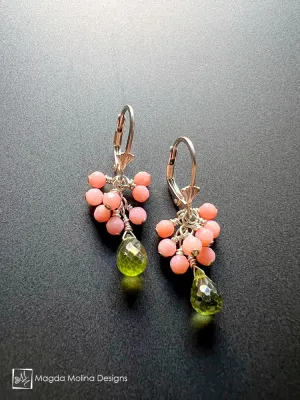 Elegant And Colorful Coral & Peridot Earrings