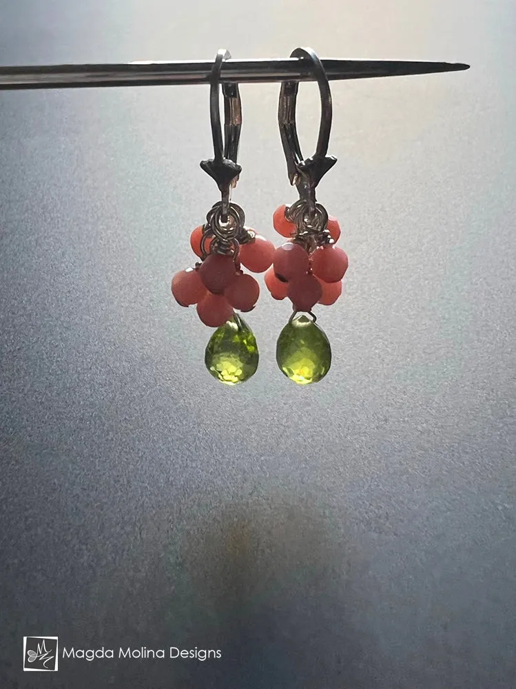 Elegant And Colorful Coral & Peridot Earrings
