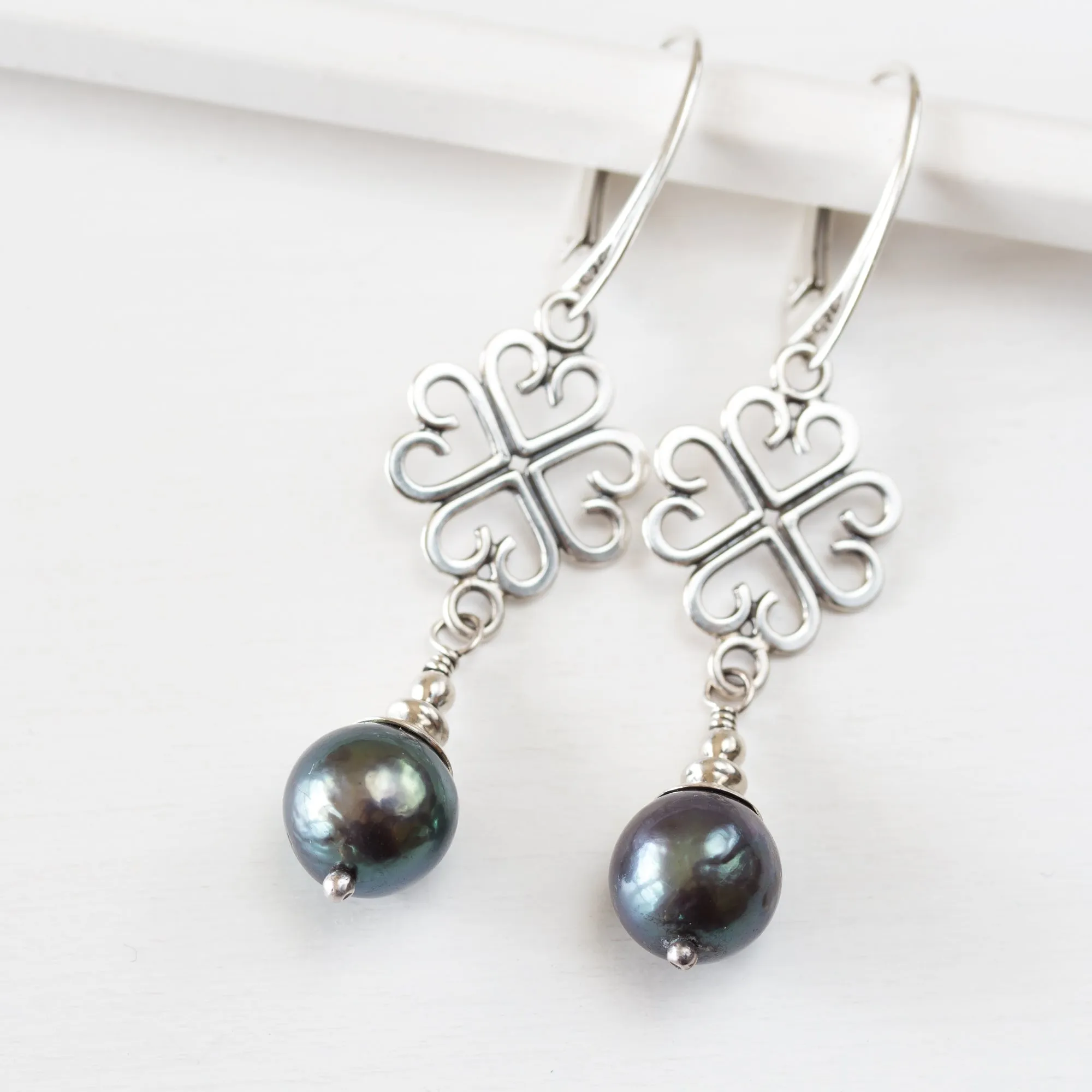 Elegant Four Leaf Clover Earrings with Black Pearl Drop