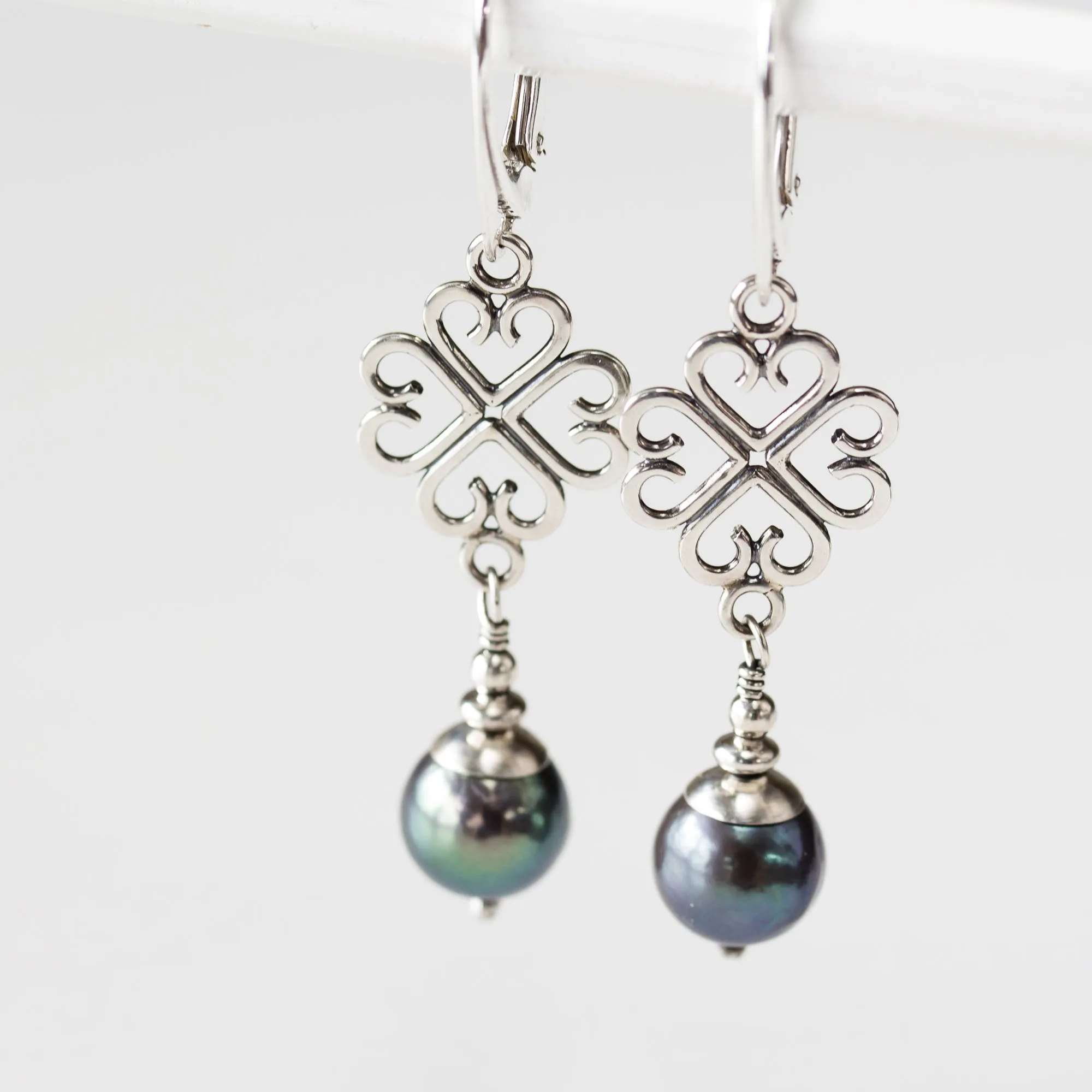 Elegant Four Leaf Clover Earrings with Black Pearl Drop