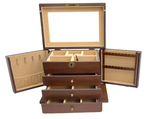 European Walnut Matte Finish Wood Jewellery Box, Side Panels L29cm