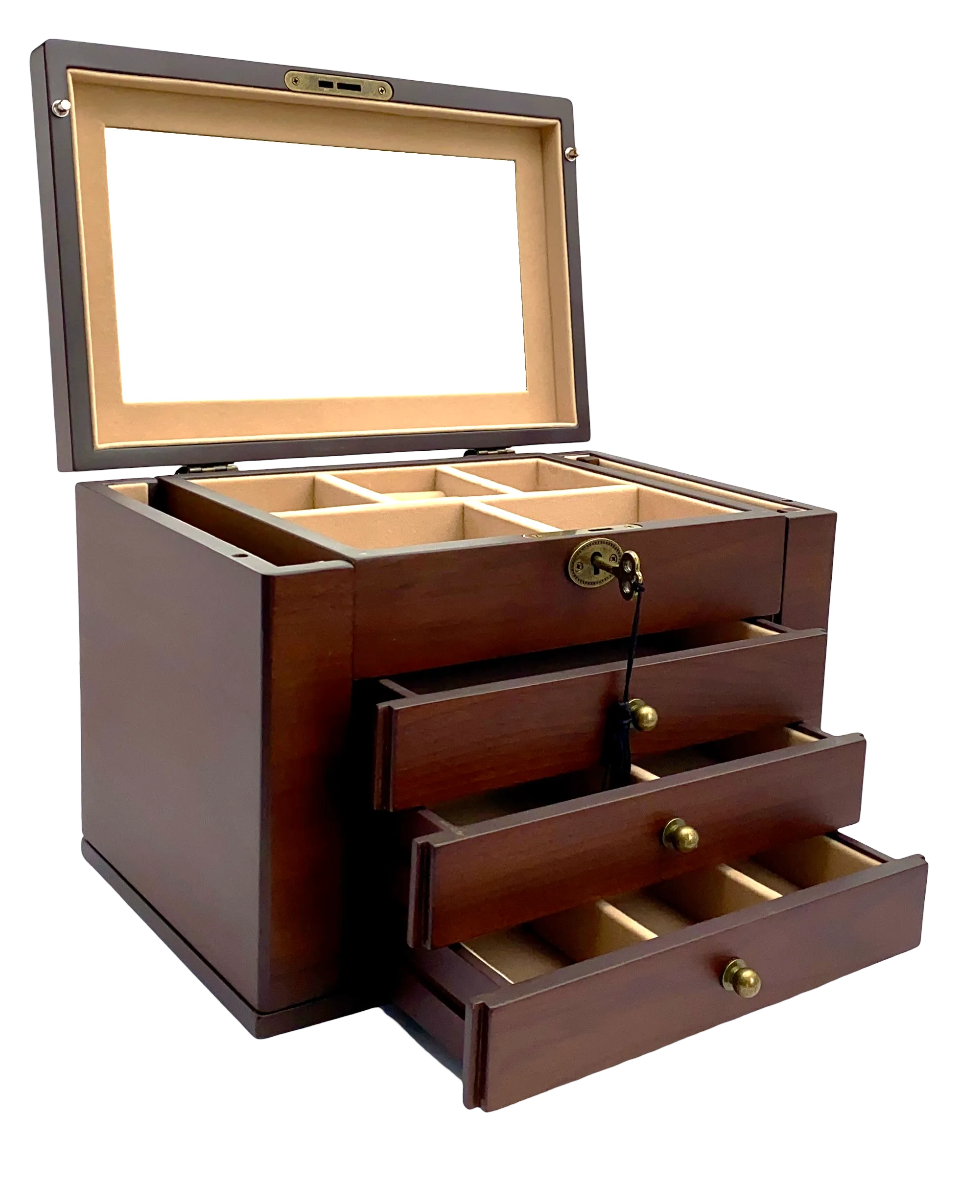 European Walnut Matte Finish Wood Jewellery Box, Side Panels L29cm
