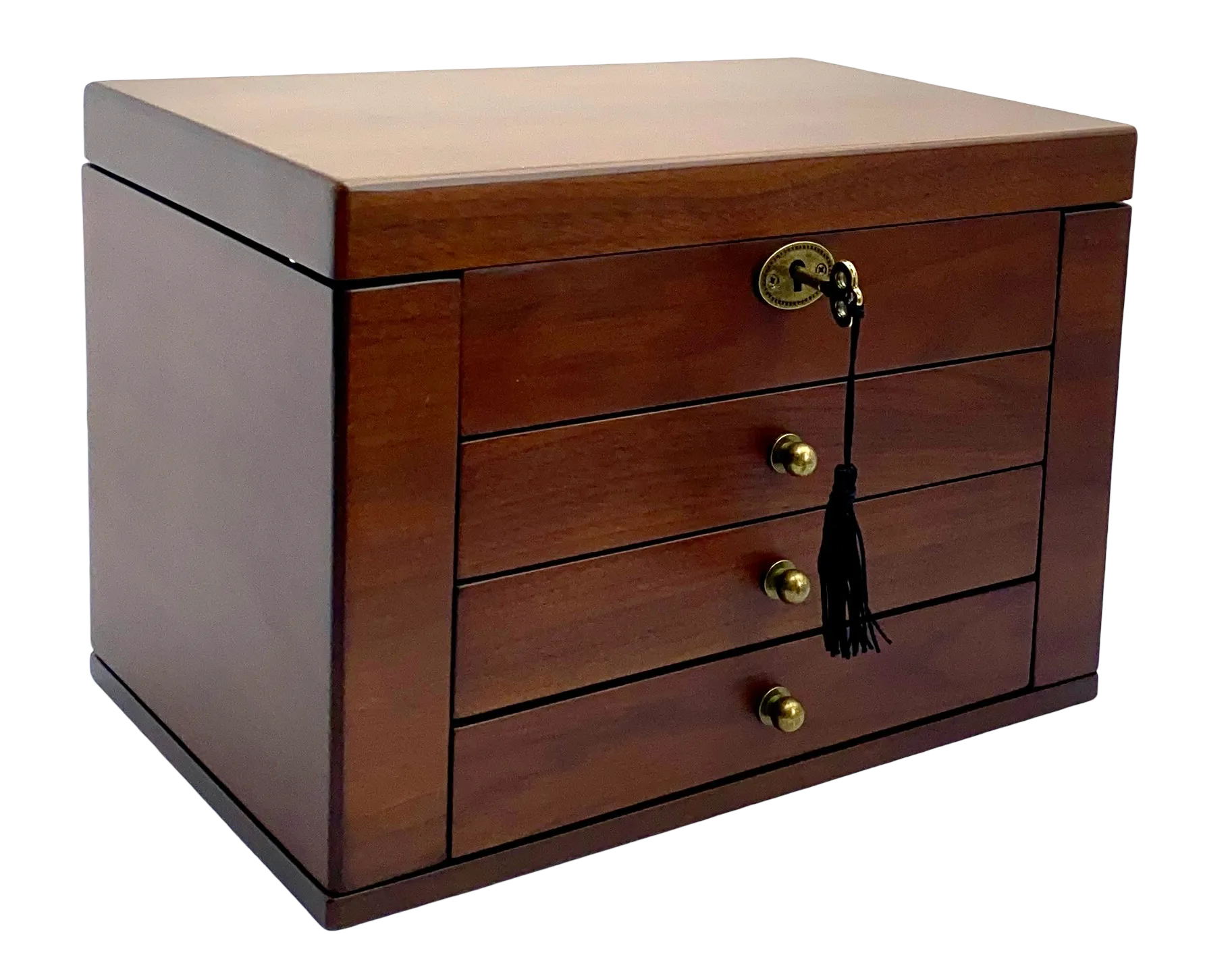 European Walnut Matte Finish Wood Jewellery Box, Side Panels L29cm