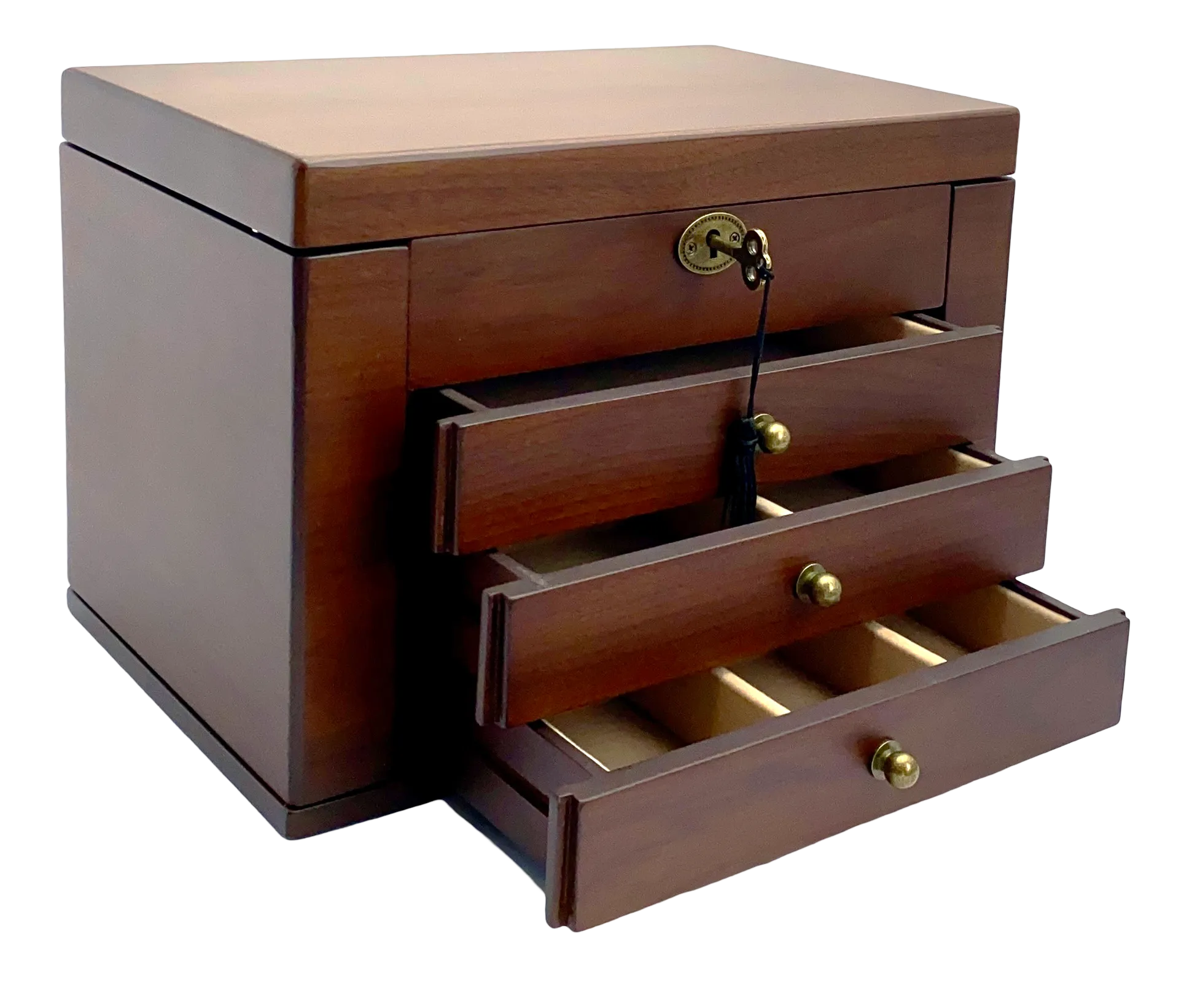 European Walnut Matte Finish Wood Jewellery Box, Side Panels L29cm