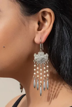 Exquisite Handmade Design German Silver Dangle with 5 Lines Pearl Earrings for Any Occasion