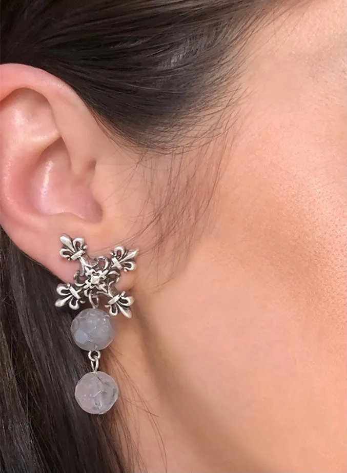 French Kande X Earrings with Double Faceted Cloudy Quartz Dangles