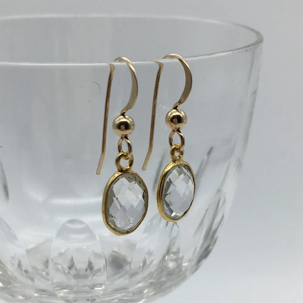 Gemstone earrings with clear quartz (rock crystal) crystal drops on gold vermeil hooks