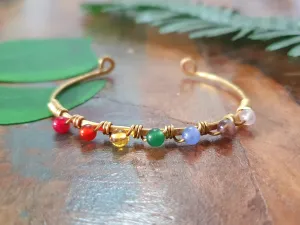 Gold brass wire rainbow crystal bracelet, PRIDE bangle, rainbow chakra 4mm gemstones, gold stacking bracelets, boho colour bangles