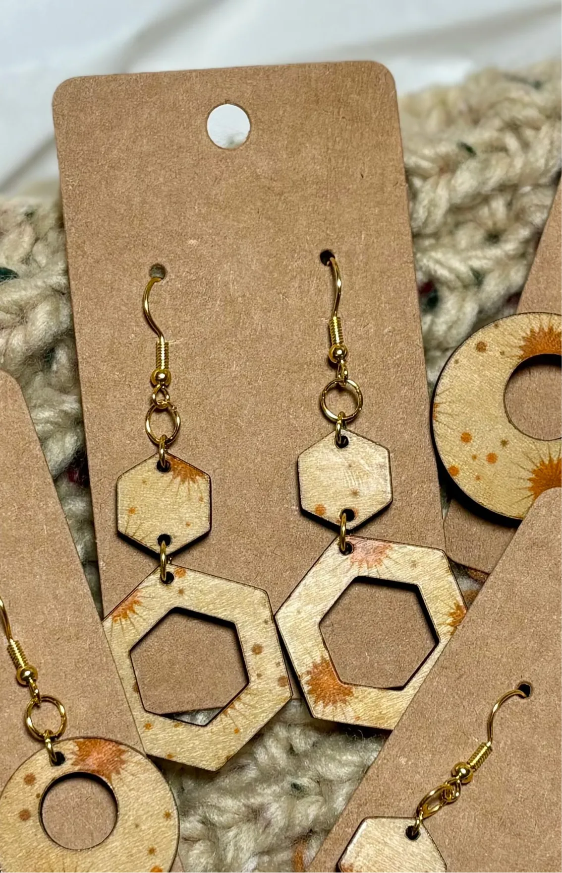 Golden Starburst - Open Hexagons & Circles - Wood Earrings