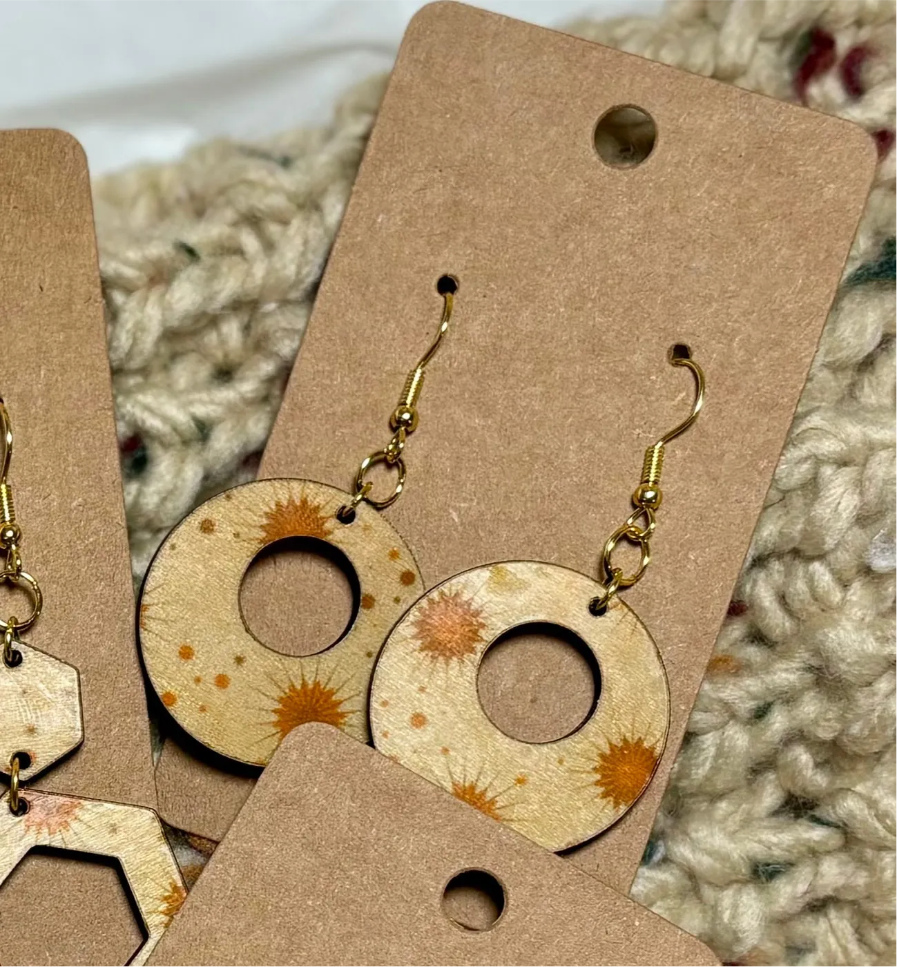 Golden Starburst - Open Hexagons & Circles - Wood Earrings