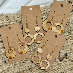 Golden Starburst - Open Hexagons & Circles - Wood Earrings