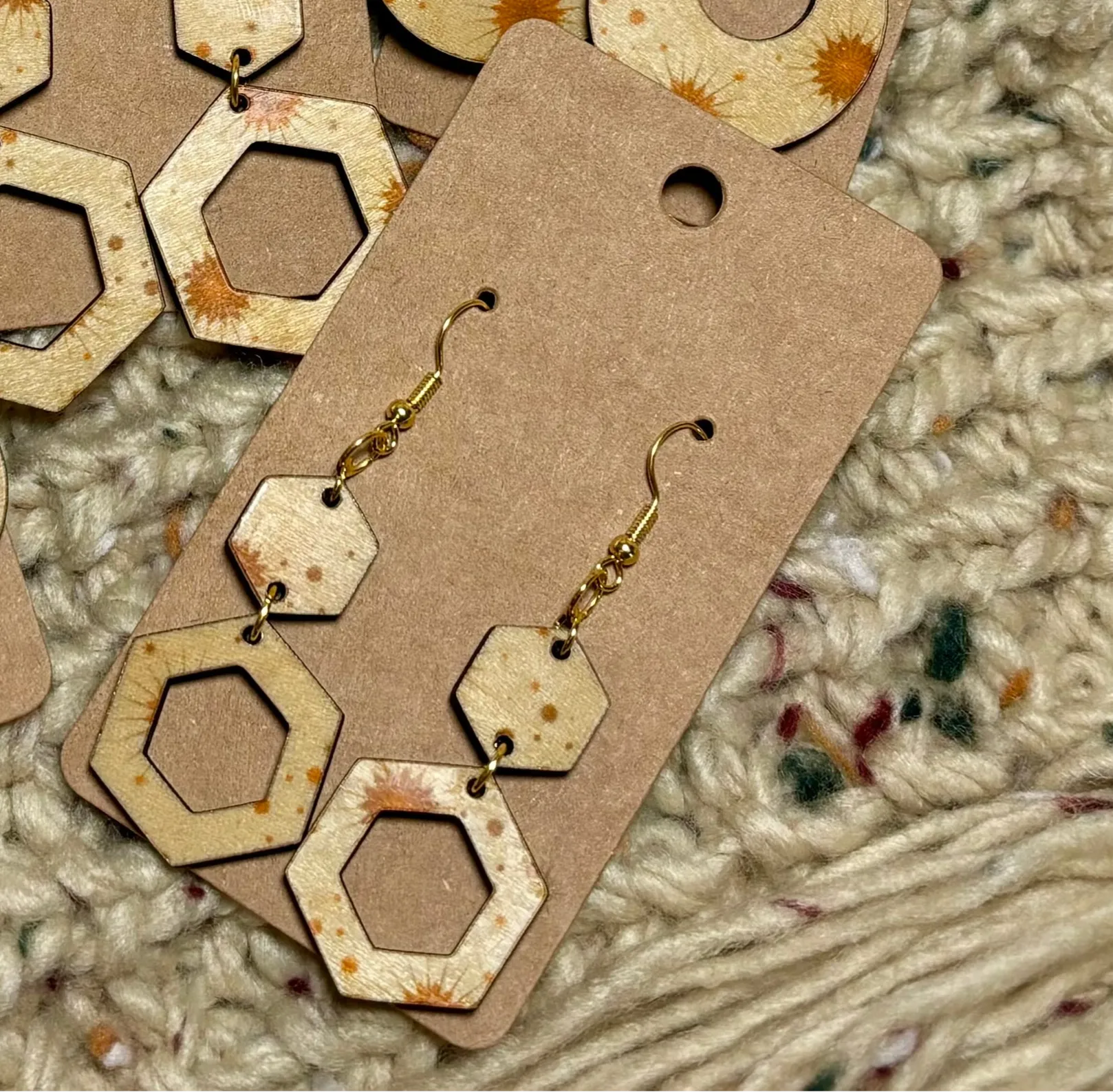 Golden Starburst - Open Hexagons & Circles - Wood Earrings